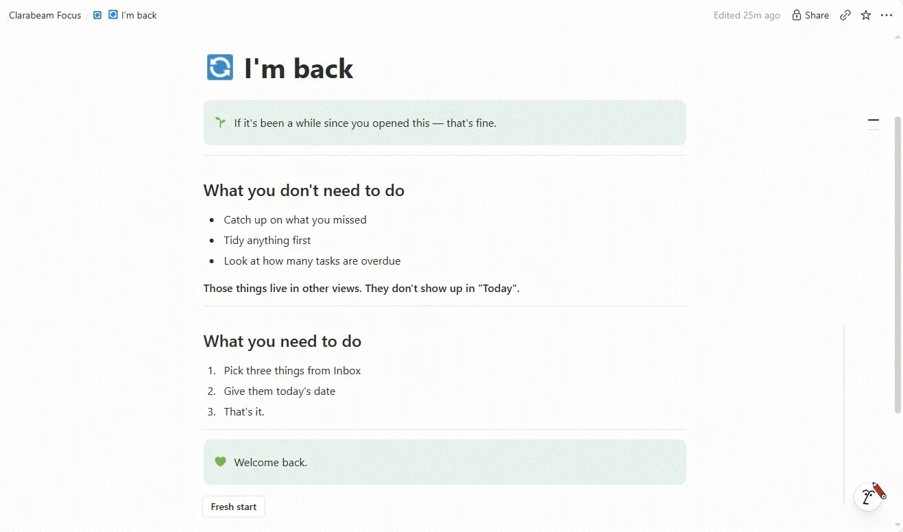 The I'm back page: what you don't need to do, and the three steps to restart