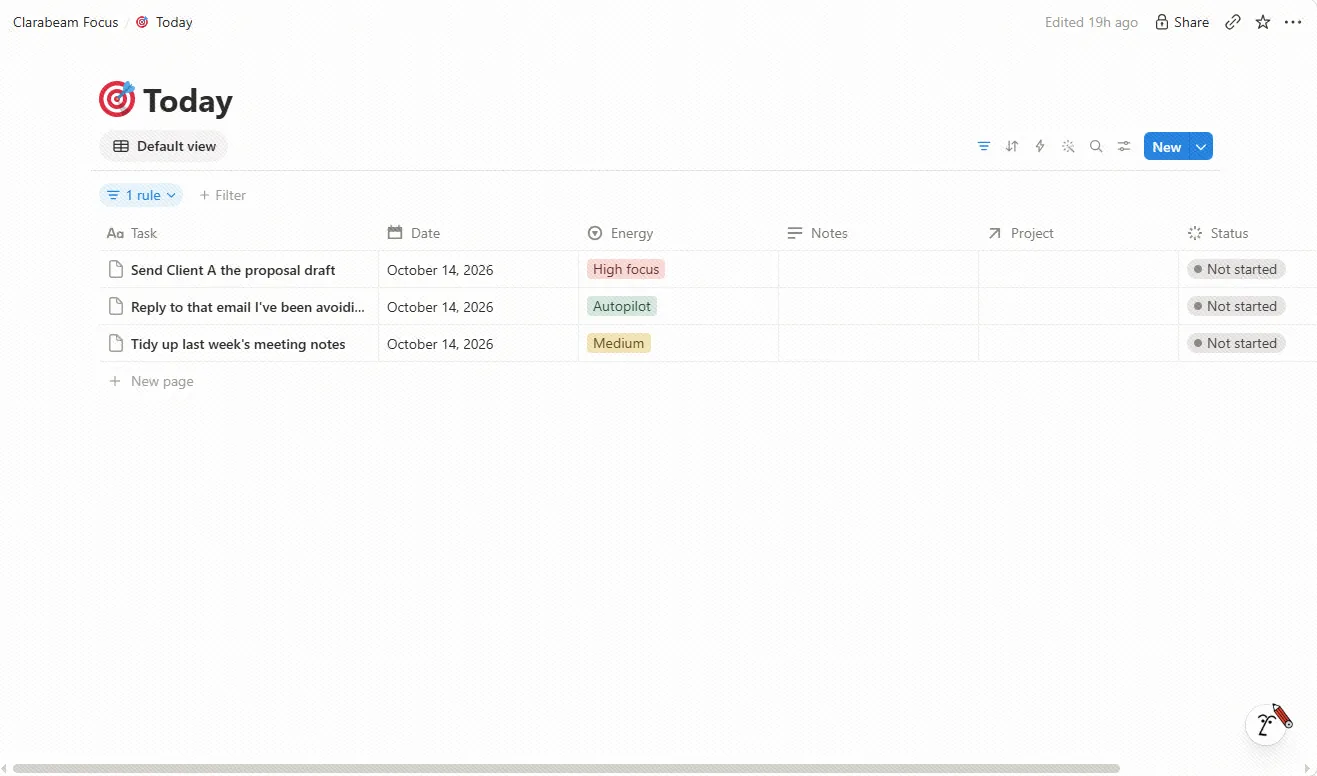 The Today view in Clarabeam Focus, showing three tasks with energy tags